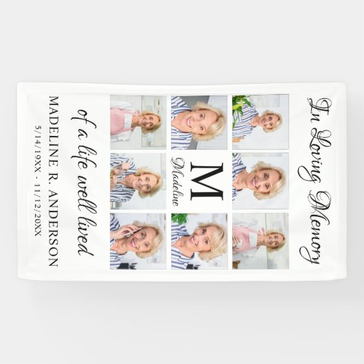 Funeral Personalized 8 Photo Collage Memorial Spandoek (Horizontaal)