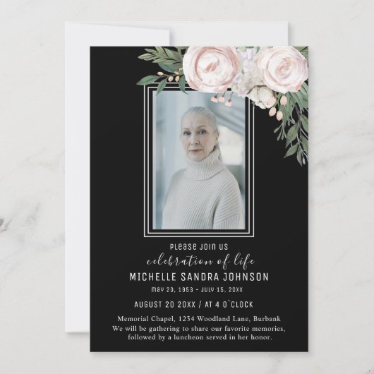 Funeral Photo Black Floral Memorial Prayer Card Bedankkaart (Voorkant)