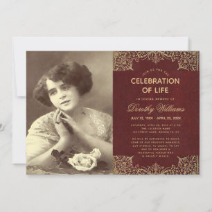 Funeral Photo Celebration of Life Burgundy Gold Kaart