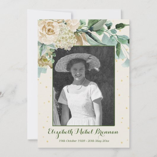 Funeral Photo Elegant Roos Floral Green Foliage Kaart (Achterkant)