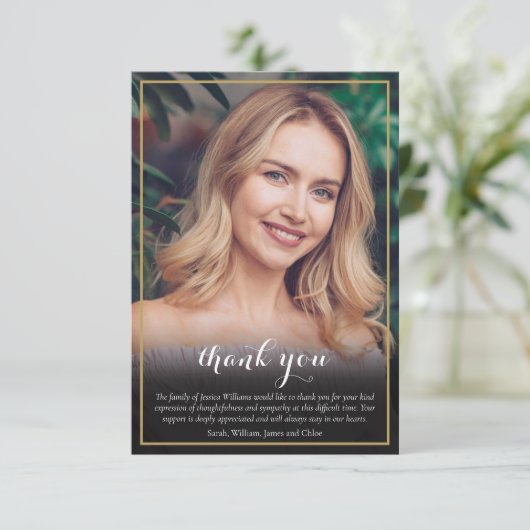 Funeral Photo Elegant Script Bedankkaart (Staand voorkant)