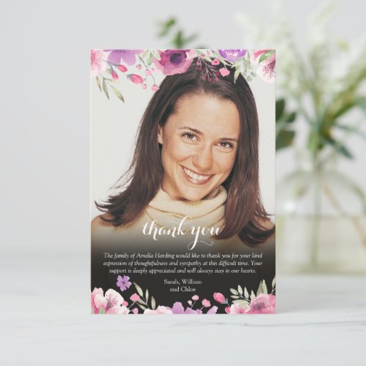 Funeral Photo Floral Blush Pink Bedankkaart (Staand voorkant)