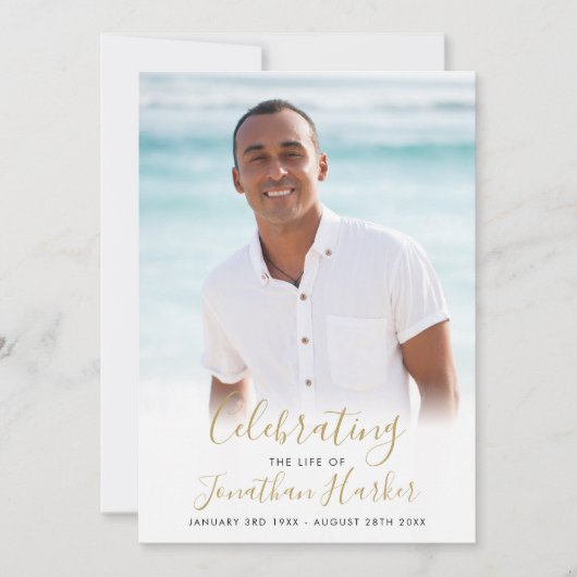 Funeral Photo Gold Script Celebration of Life Kaart (Voorkant)