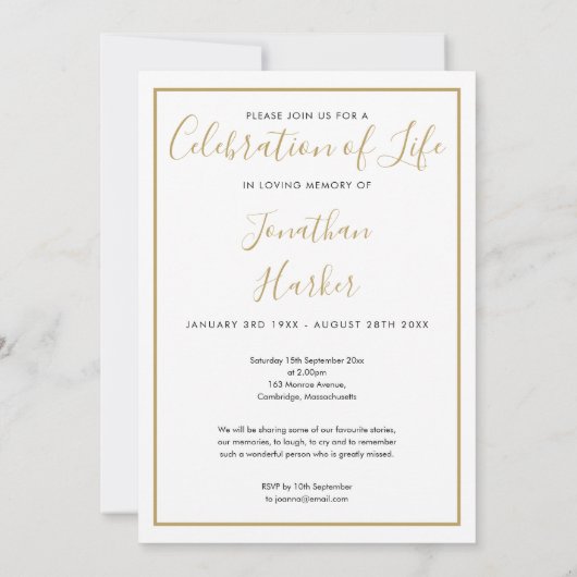 Funeral Photo Gold Script Celebration of Life Kaart (Achterkant)