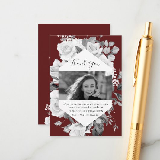 Funeral Photo Memorial Floral Red Hartelijk dank Informatiekaartje (Voorkant / Achterkant in situ)