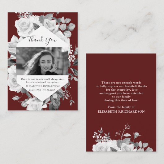 Funeral Photo Memorial Floral Red Hartelijk dank Informatiekaartje (Voorkant / Achterkant)