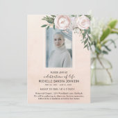 Funeral Photo Pink Floral Memorial Prayer Card Bedankkaart (Staand voorkant)