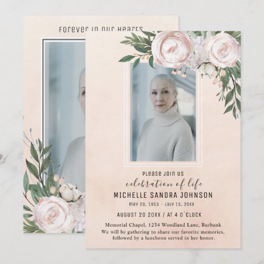 Funeral Photo Pink Floral Memorial Prayer Card Bedankkaart (Voorkant / Achterkant)