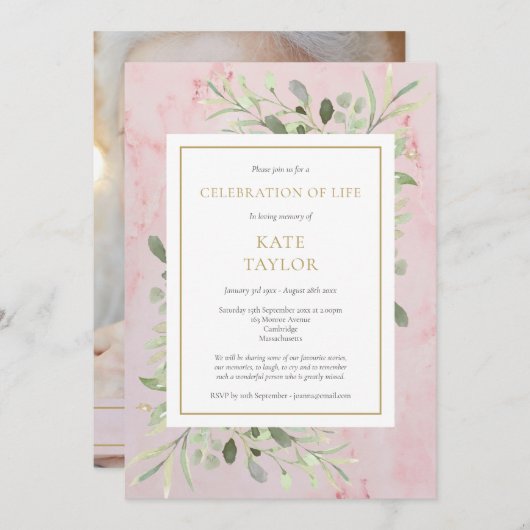 Funeral Pink Marble Photo Celebration of Life Kaart (Voorkant / Achterkant)