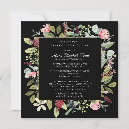 Funeral Pink Paars Floral Black Background Kaart (Voorkant)