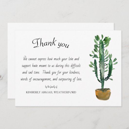 Funeral Potted Cactus Bedankkaart (Voorkant / Achterkant)