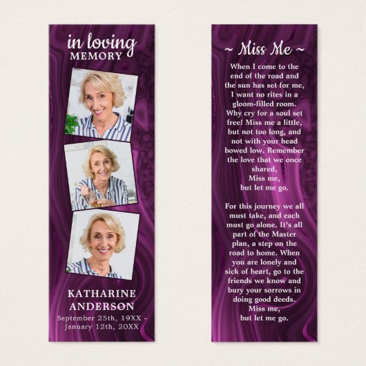 Funeral Prayer Bladwijzer 3 Foto Poem Paarse Marbl Mini Visitekaartjes (Voorkant /achterkant)