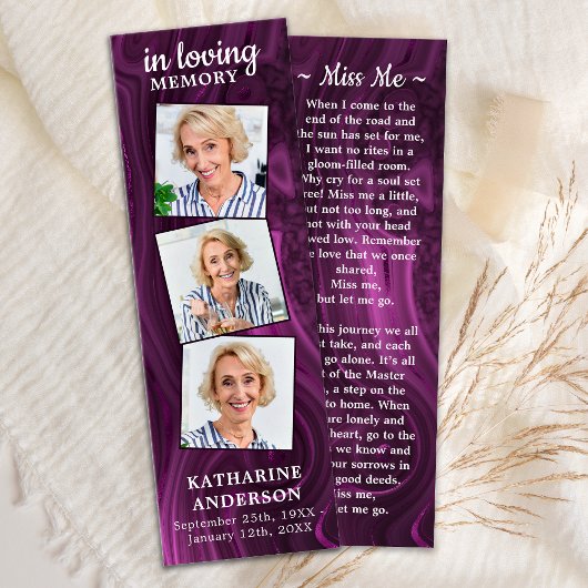 Funeral Prayer Bladwijzer 3 Foto Poem Paarse Marbl Mini Visitekaartjes