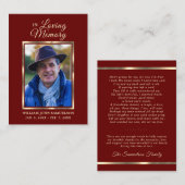 FUNERAL PRAYER DANK U BEDANKT VAN DE Rood-FOTO Visitekaartje (Voorkant / Achterkant)