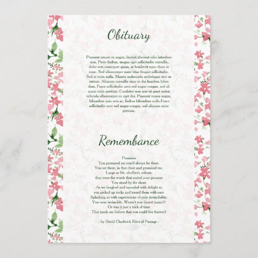 Funeral Program Card Programmakaart (Achterkant)