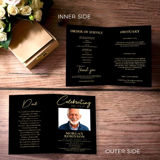 Funeral Program, Celebration of Life, Black & Gold Flyer