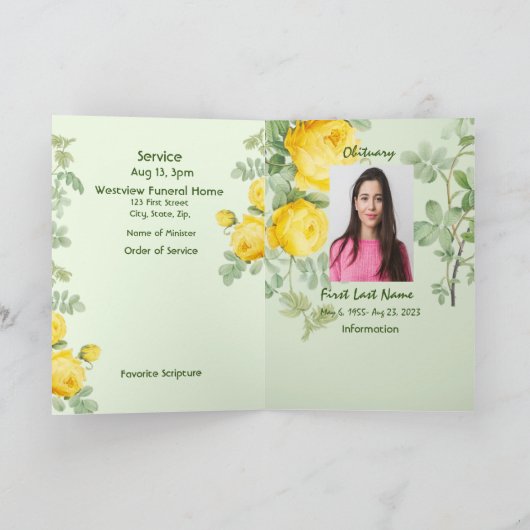 Funeral Program Custom Yellow Roses Garden Programma (Binnen)