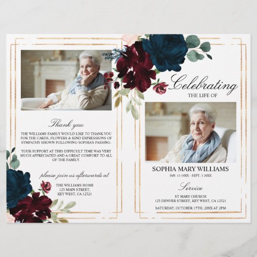 Funeral-programma Navy & Burgundy | Dienstenvolgor (Voorkant)