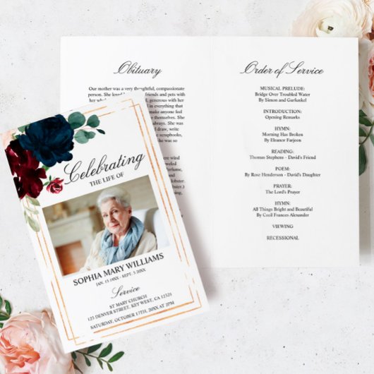 Funeral-programma Navy & Burgundy | Dienstenvolgor