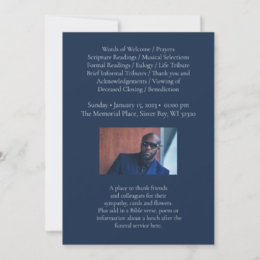 Funeral Service Navy Photo Funeral Programme Kaart (Achterkant)