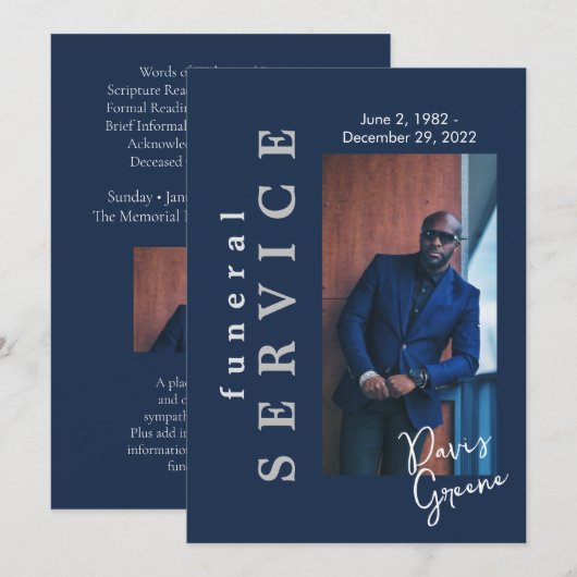 Funeral Service Navy Photo Funeral Programme Kaart (Voorkant / Achterkant)