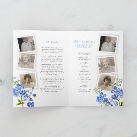 Funeral service programme blue delphinium foto's programma (Binnen)