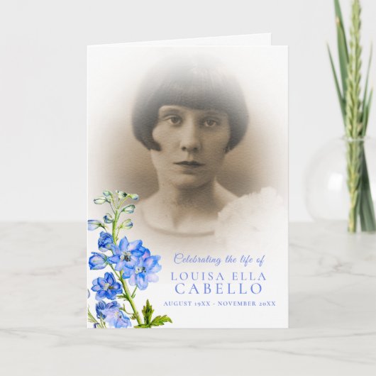 Funeral service programme blue delphinium foto's programma (Voorkant)