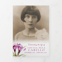 Funeral service programme paars crocus watecolor drieluik uitnodiging