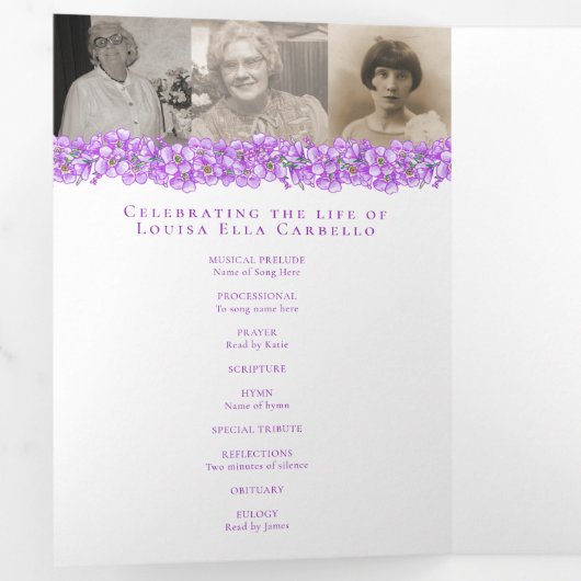 Funeral service programme paars vergeet-me-not drieluik programma (Binnenzijde eerst)