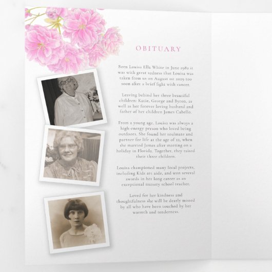 Funeral service programme roze blossom foto 6pp drieluik programma (Binnenzijde eerst)