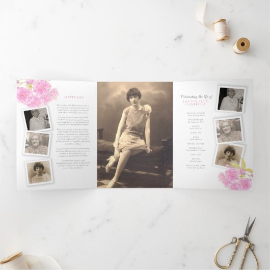 Funeral service programme roze blossom foto 6pp drieluik programma (Binnen)