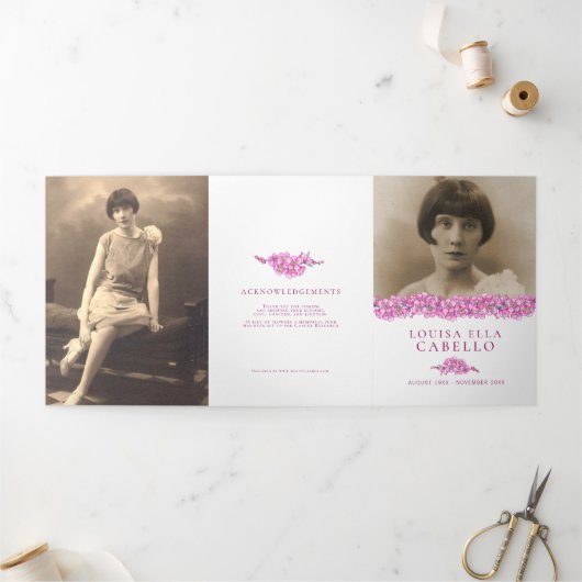 Funeral service programme roze vergeet-me-not bloe drieluik programma (Buitenkant)