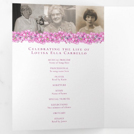 Funeral service programme roze vergeet-me-not bloe drieluik programma (Binnenzijde eerst)