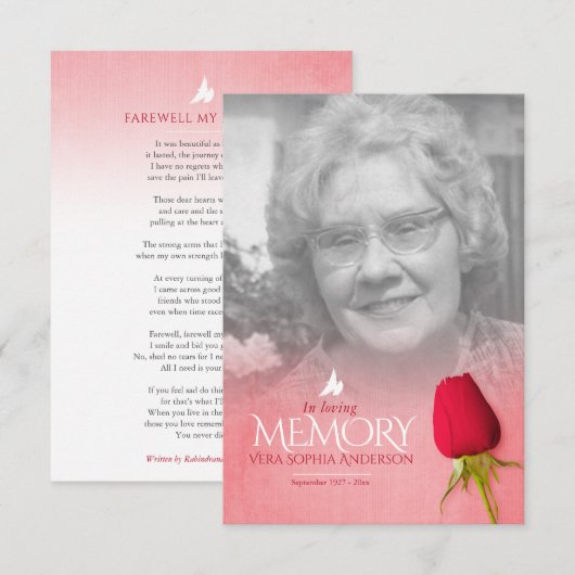 Funeral single red rose foto-herdenkingsgedicht (Voorkant / Achterkant)