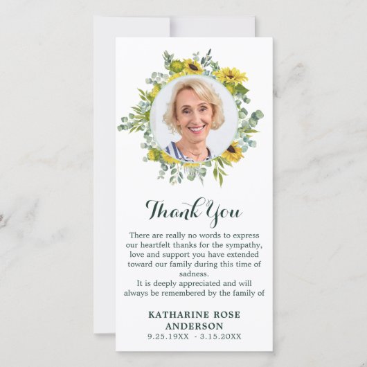 Funeral Sunflower Eucalyptus Fotosympathie Bedankkaart (Voorkant)