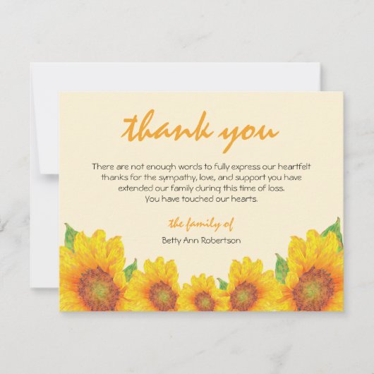 Funeral Sympathie Hartelijk dank voor de Sunflower Notitiekaartje (Voorkant)