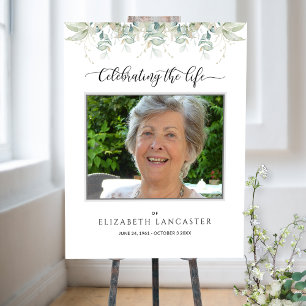 Funeral Welcome Photo Elegant Greenery Sign Poster