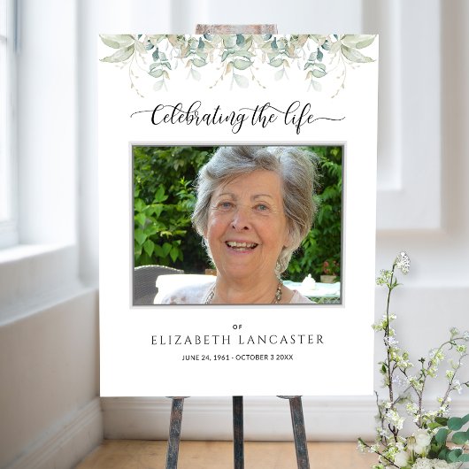 Funeral Welcome Photo Elegant Greenery Sign Poster