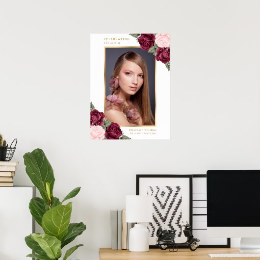 Funeral Welcome Red Pink Gold Floral Foto Sign. Poster (Thuiskantoor)