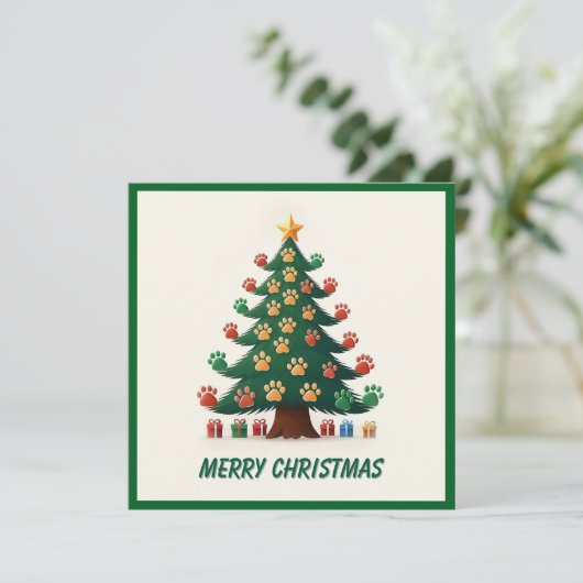Funge dierpoten groene moderne kerstboom  feestdagenkaart (Staand voorkant)