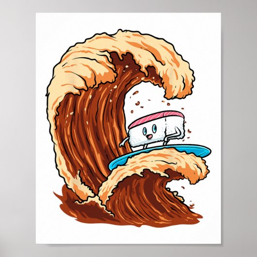 Funge Sushi Surfer Ridder Sojasaus Wave Kunst  Poster (Voorkant)