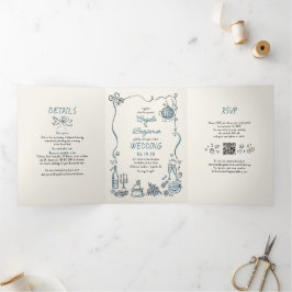 Funge Whimsische Handgetekende Moderne Trouwfoto Drieluik Uitnodiging