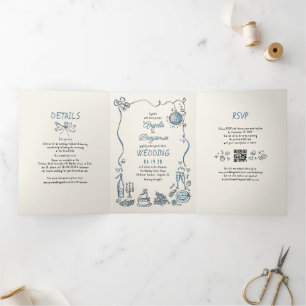 Funge Whimsische Handgetekende Moderne Trouwfoto Drieluik Uitnodiging