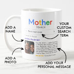 Fungerend beste moeder ooit zoekresultaten met fot koffiemok<br><div class="desc">Grappig moedje voor moeders met een 'Moeder Search'-logo en een enkel zoekresultaat voor 'Beste moeder (of moeder of moeder, enz.) ooit', met de naam van je moeder, een foto, je persoonlijke boodschap en een 5-sterrenrating. Als je hulp nodig hebt bij het aanpassen van deze gegevens, kun je me een bericht...</div>