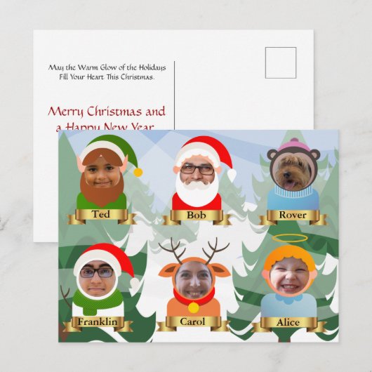 Fungerend Uw familie als kerstpersonages Foto Feestdagenkaart (Voorkant / Achterkant)