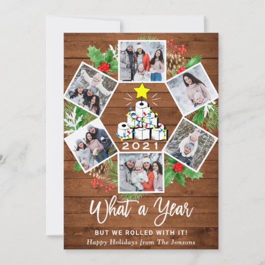 Fungerend wat een jaar kerstboom 6-FOTO Feestdagenkaart (Voorkant)