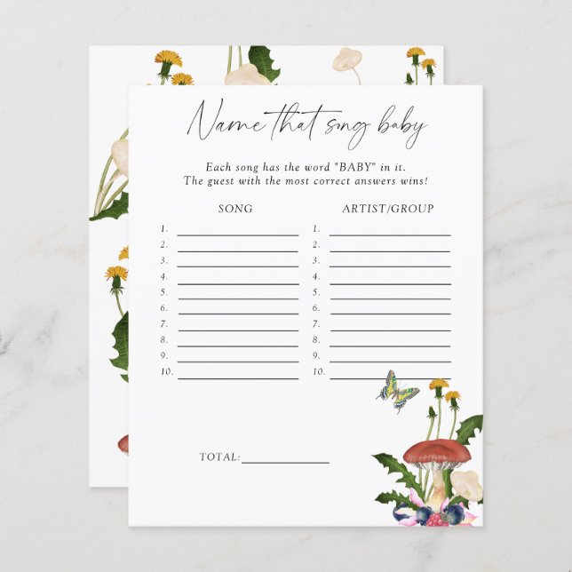 fungi forest - Naam dat nummer baby shower spel (Voorkant / Achterkant)