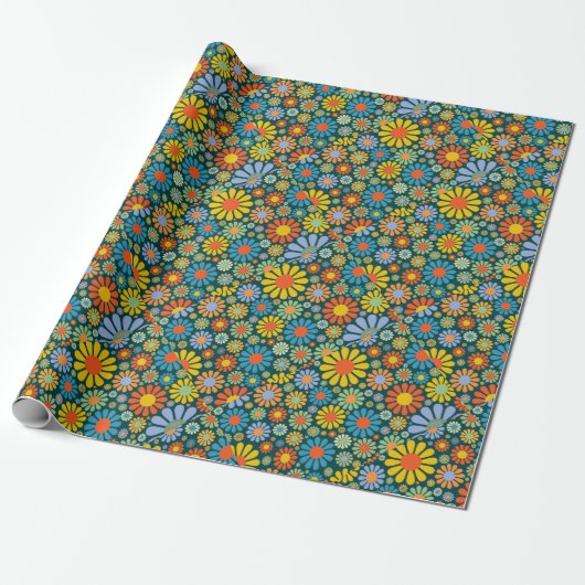 Funky 70s Style Flowers Cadeaupapier (Uitgerold)