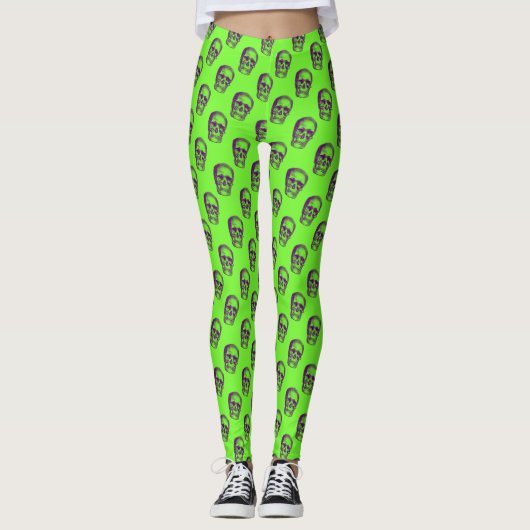 Funky 80s Neon Green Skull Pattern Gym Yoga Leggings (Voorkant)