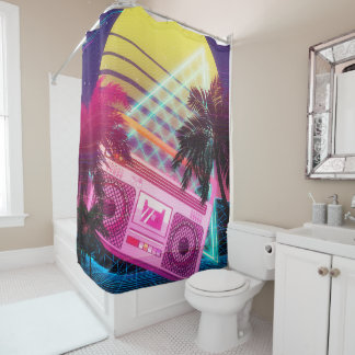 Funky 80s roze boombox met palmbomen douchegordijn